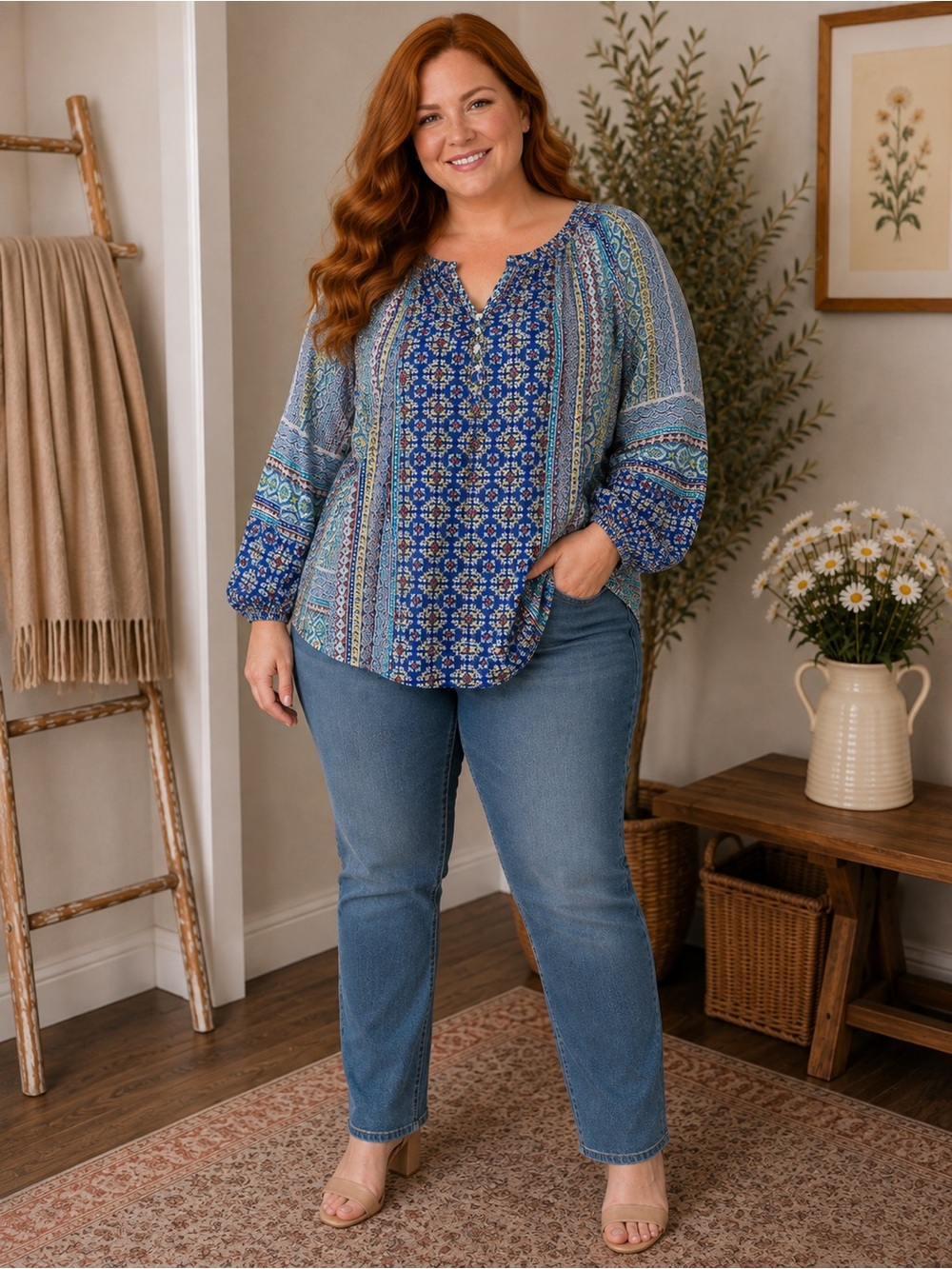 Roz & Ali Blue Multicolor Printed Peasant Blouse